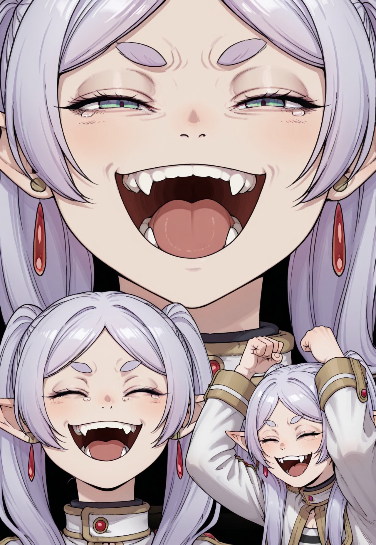 tomlaugh, 1girl, frieren, closed eyes, half-closed eyes, fangs, smile, laughing, open mouth, tears, v-shaped eyebrows, multiple views, projected inset, arms up, clenched hands,