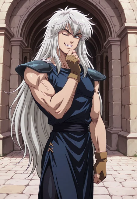dbstyle, masterpiece, best quality, hyper-Detailed, 1man, solo, male focus, alone, detailed, Dark Schneider ((muscular body, fair skin, silver hair, very long hair, blue detailed eyes, slit pupils, fangs)), ((wearing sleeveless medieval outfit, robe, pauldrons, fingerless gloves, leggings,)), portrait, smiling, one eye closed, hand on chin, standing in a medieval city, day time