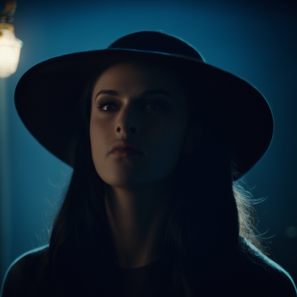 cinematic film still of  <lora:Cool Lighting Style:1> Blue Cool Lighting Style
 <lora:Chiaroscuro Lighting Style:1>
dramatic, cinematic, shadow, partially covered in shadow, a woman with a hat on her head Chiaroscuro Lighting Style, 1girl, solo, long hair, looking at viewer, black hair, closed mouth, lips, portrait, close-up, realistic, shallow depth of field, vignette, highly detailed, high budget, bokeh, cinemascope, moody, epic, gorgeous, film grain, grainy