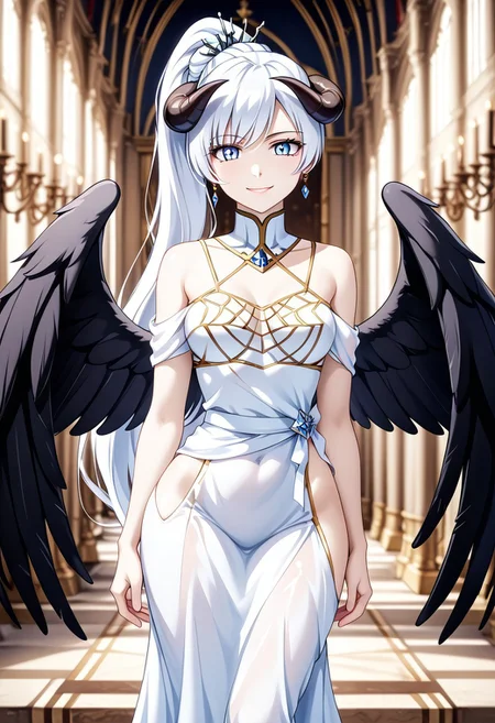 <lora:SlimesAlbedo-000004:1>, Weiss Schnee Dressed as slimes_albedo, ram horns, small black wings sprouting from hips, white dress, gold spider web over chest, woman, solo, evil smile, castle interior background