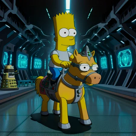 4k, everything is technology, extremely detailed wide view of amazing scene, ((ultra-modern bart simpson with big eyes riding a pony, dalek)), ((futuristic design)), ((high-tech aesthetics)), ((advanced architecture)), in ((futuristic highly detailed cyber)) with ((advanced technology)), ((sci-fi atmosphere)), ((rendered in bio-digital style)), ((with holographic sheen aesthetic)), ((ultra-modern design)), ((technological advancement)), ((clean futuristic look)), with ((advanced plasma lighting)), ((futuristic nano swarms)), ((high-tech ambiance)), ((sci-fi mood)), (HD, masterpiece, best quality, hyper detailed, ultra detailed, super realistic),amazing, combinestyle, add-detail-xl, bart simpson, Pony_MLP_v1.8SDXL<lora:sdxl\morph\CombineStyle-HalfLife2-SDXL.safetensors:1.02:1.02> <lora:sdxl\enhancment\add-detail-xl.safetensors:0.52:0.52> <lora:sdxl\character\bart_simpson_sdxl_v1.safetensors:0.63:0.63> <lora:sdxl\character\Pony_MLP_v1.8SDXL.safetensors:0.63:0.63>
