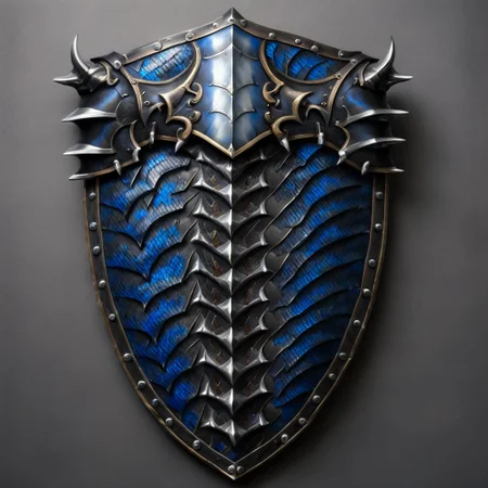Steel, blue-black dragon scales knight shield with horns, gray background