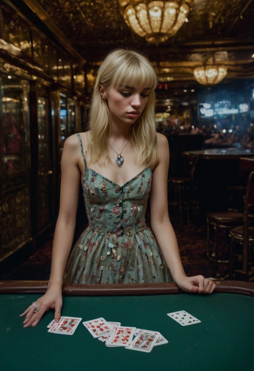 Award-winning ultra-detailed photograph of an underground casino, where a young blonde with blunt bangs is losing at playing cards. She is clearly drunk and sad, tears pouring from her eyes. Tight Dollskill dress. Moody colors.