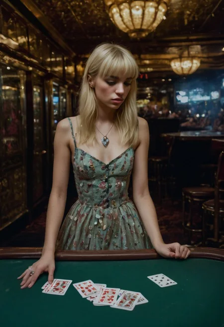 Award-winning ultra-detailed photograph of an underground casino, where a young blonde with blunt bangs is losing at playing cards. She is clearly drunk and sad, tears pouring from her eyes. Tight Dollskill dress. Moody colors.