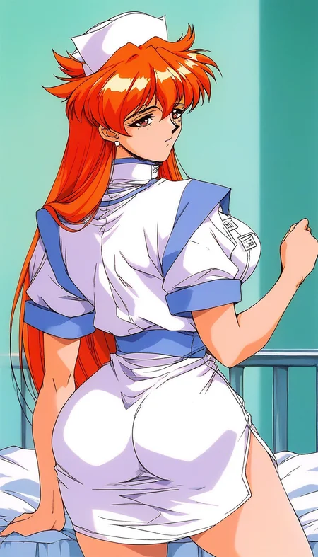 score_9, score_8_up, score_7_up, source_anime, rating_explicit, BREAK <lora:Nogiwa_Miho_OVA_XL:1>Nogiwa_Miho_OVA, long hair, orange hair, bangs, brown eyes, large breasts, 1990s (style)
1girl, solo, from behind, nurse, hat, subtitled, short sleeves, white dress, butt, meme
hospital, bed,