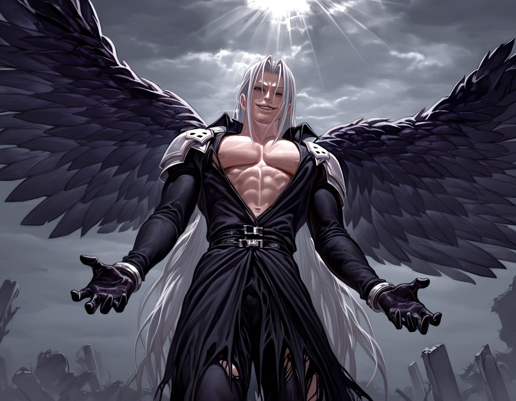 masterpiece, best quality, absurdres, fkey, dark,  sephiroth, wings, midair, arms outstretched, cowboy shot, looking down at viewer, the chad smile, (beard:0.75), stubble, evil smile, (grin:0.75), sunbeam, ruins, gigachad \(meme\), solo, from below, bare pectorals, cloudy sky, torn clothes,<lora:gigachad_noob05_04ie.safetensors:1.0>