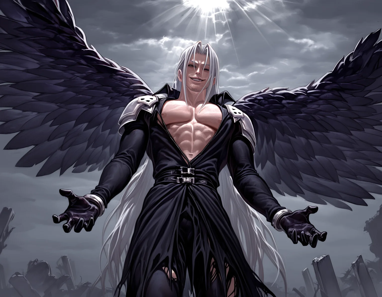 masterpiece, best quality, absurdres, fkey, dark, sephiroth, wings, midair, arms outstretched, cowboy shot, looking down at viewer, the chad smile, (beard:0.75), stubble, evil smile, (grin:0.75), sunbeam, ruins, gigachad \(meme\), solo, from below, bare pectorals, cloudy sky, torn clothes,<lora:gigachad_noob05_04ie.safetensors:1.0>