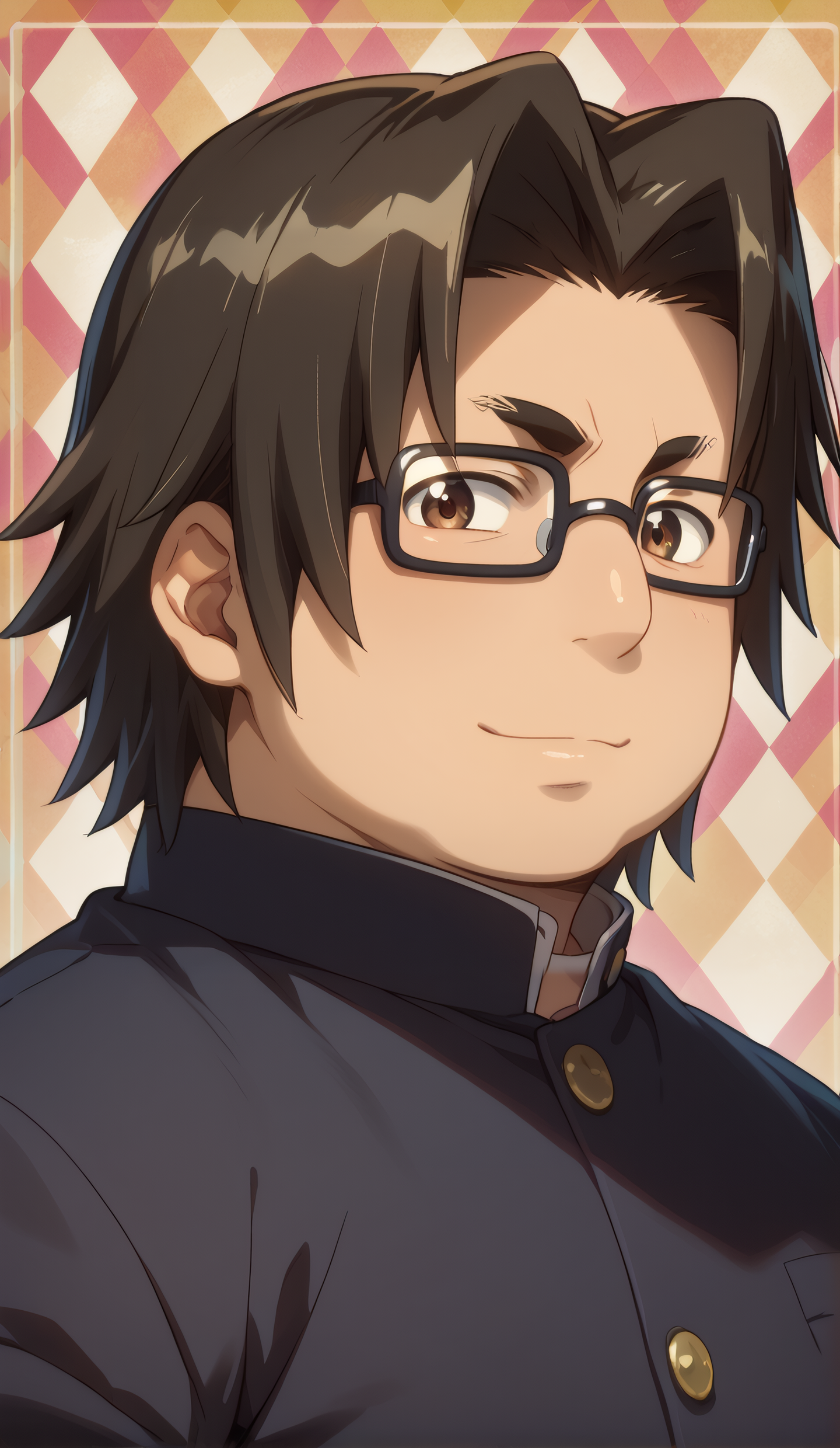 score_9, score_8_up, score_7_up, mature male, looking at viewer, abstract background, (argyle background), upper body, close-up, portrait, 
<lora:Hirano_Dwnsty:0.8>,  hirano_kohta, brown eyes, black hair, male focus, school uniform, gakuran, buttons, 
light smile, plump,