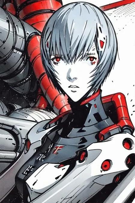 <lora:blame5:1>, cyborg rei ayanami, (ayanami rei:1.2), blue hair, short hair, (red eyes:1.3), portrait, dim light, ((heavy black and white)), only head portrait, blame, full of tubes, biomechanical, giger, horror, mechanical, tubes and metal, rei ayanami, (ayanami rei:1.2), blue hair, short hair, (red eyes:1.3),, bodysuit, headgear, plugsuit, black bodysuit, , hand drawn, pencil drawn, watercolor, painting, handmade