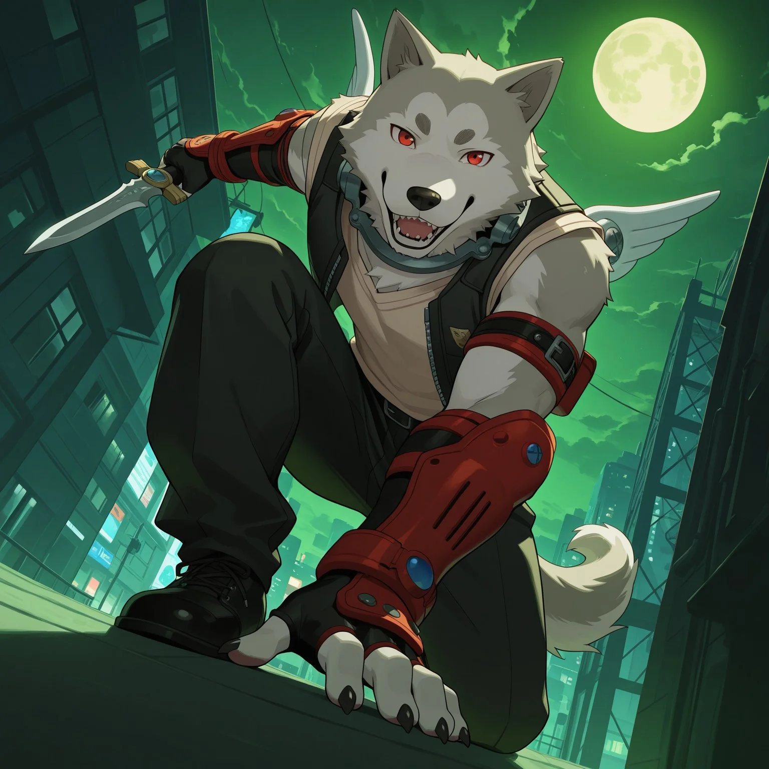 1boy, 2d, solo, P3Koro, male, furry, furry male, canine, dog, (anthro), red eyes, white fur, black nose, gray fur, two tone fur, sharp teeth, tail, wings, claws, collar, beige shirt, red arm band, black vest, black pants, black fingerless gloves, black shoes, sleeveless, medkit
BREAK standing, smile, looking at viewer, holding dagger, low angle view, on one knee, hunched over
BREAK best quality, amazing quality, very aesthetic, absurdres, newest, masterpiece, high quality, dynamic angle, outside, city, night, green sky, ((green hue, dark enviorment, moon, cloudy))