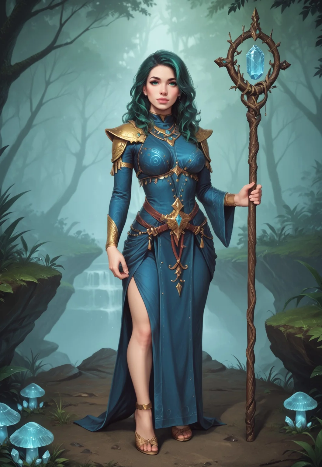 safe_pos, core_9, score_8_up, score_8, semi realistic, ultra detailed, 8k, high quality, hi res, high quality, detailed eyes, perfecteyes, detailed face, 1girl, sharp focus, (1girl:1.2), mystical druid, nature-inspired attire, (((staff with crystal))), fair skin, (long legs), long wavy green hair, realistic, cinematic angle, cinematic lighting, slender body, serene face, emerald eyes, meditative pose
BREAK
communicating with nature spirits in an enchanted forest glade
BREAK
source_fantasy_art, rating_explicit, expressive, full body, dynamic pose
BREAK
detailed beautiful background, lush greenery, ancient trees, glowing mushrooms, magical creatures, soft moonlight, mystical atmosphere
(((full clothed)))
