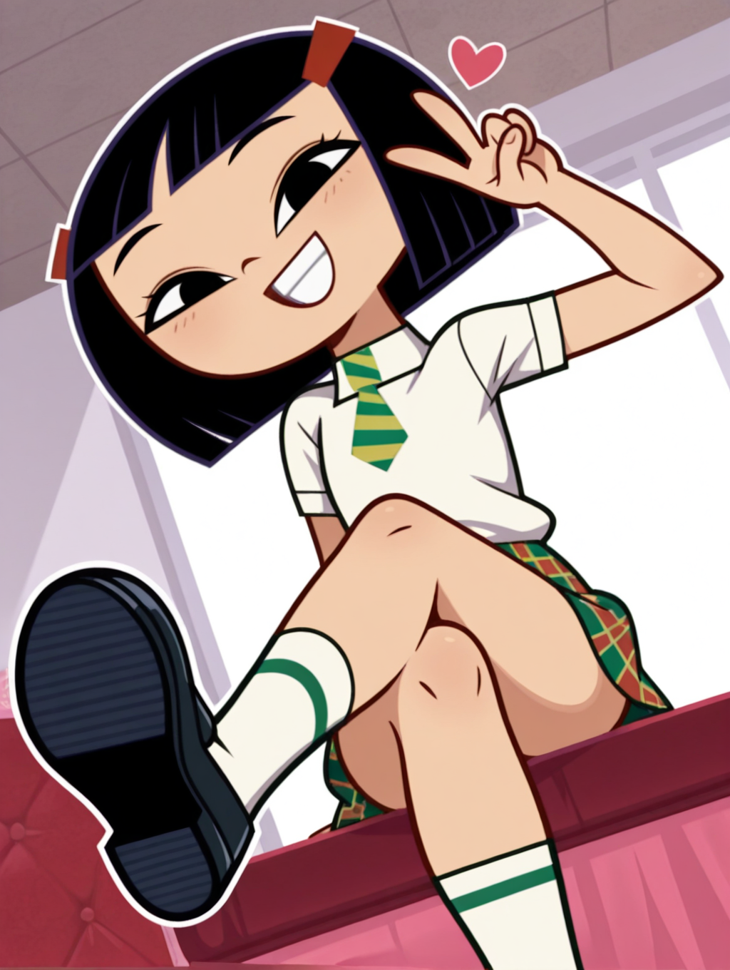 KittyKoZYN, 1girl, solo, black hair, hair ornament, bob cut, bangs, short hair, hairclip, blunt bangs, black eyes, school uniform, white shirt, necktie, plaid skirt, socks, black shoes, cowboy shot, looking at viewer, beautiful, ((beautiful face, beautiful eyes)), (smile, dutch angle,naughty pose, cute, sitting, crossed legs, open mouth, :d, grin, looking at viewer, heart, petite, v, indoors, elegant room, solo, dynamic pose, full_body, head tilt,),((white background, White frame, white outline)),from direct beiow,(((from below:1.5))),