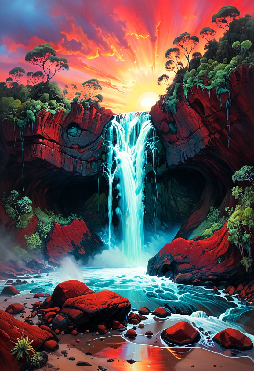 (by Ellen Jewett:1.5), (Bioluminescent Impressionism, autralia aboriginal landscape, The Dreamland, red erth, rock, ants, sky sunset, sunris ,waterfall, ethereal landscapes, depth of field, biotech emotion:1.3) <lora:xl_more_art-full_v1:0.5> <lora:add-detail-xl:1> <lora:RMSDXL_Creative:2>