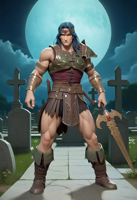 score_9, score_8_up, score_7_up, score_6_up, 1boy, male, muscular, (full body view:2), night, moon, graveyard, simon belmont, simonbel, green leather armor, jeweled headband, stylized green breastplate, gold accents, black leather shorts, stylized green loincloth, single pauldron, metal wristband, shoulder length blue hair, leather tassets, gray boots, holding sword