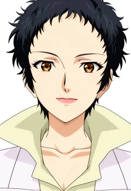 best quality, masterpiece, anime screencap, anime coloring, ultra detailed, source_anime, intricate details, perfect anatomy, looking at viewer,
haskata ren, black hair, short hair, very short hair, brown eyes, simple background, white background,
