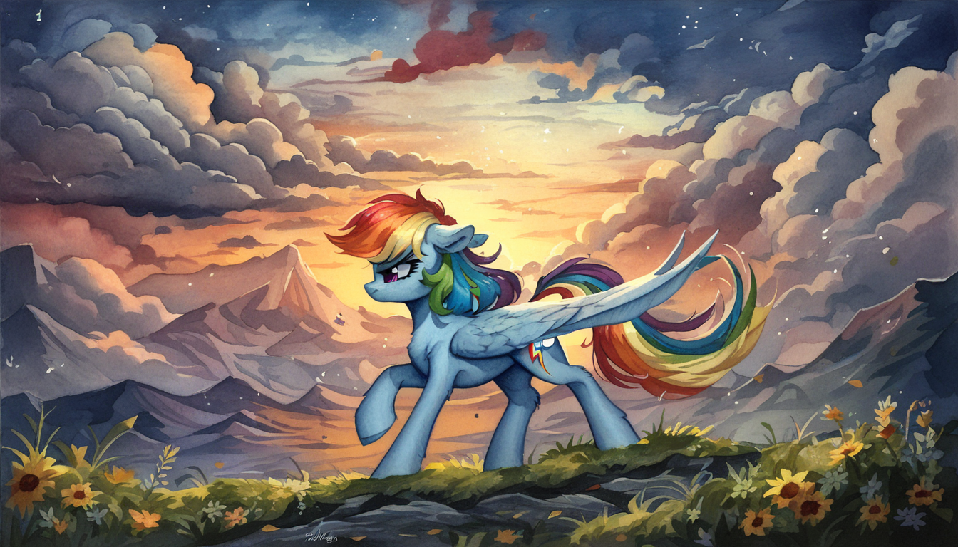 score_9, score_8_up, score_7_up, score_6_up, score_5_up, score_4_up, rating_safe, rainbow dash, female, mare, pegasus, pony, solo, element of harmony, element of loyalty, fanfic, fanfic art, floppy ears, g4, high res, profile, scenery, sunset, folded wings, fanfic:austraeoh, watercolor painting, traditional art, detailed, beautiful, <lora:MLP_Watercolor_Painting_v1-000006:1>