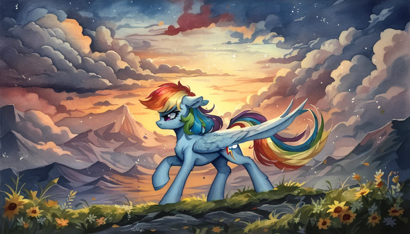 score_9, score_8_up, score_7_up, score_6_up, score_5_up, score_4_up, rating_safe, rainbow dash, female, mare, pegasus, pony, solo, element of harmony, element of loyalty, fanfic, fanfic art, floppy ears, g4, high res, profile, scenery, sunset, folded wings, fanfic:austraeoh, watercolor painting, traditional art, detailed, beautiful, <lora:MLP_Watercolor_Painting_v1-000006:1>