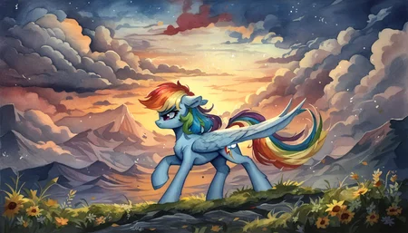 score_9, score_8_up, score_7_up, score_6_up, score_5_up, score_4_up, rating_safe, rainbow dash, female, mare, pegasus, pony, solo, element of harmony, element of loyalty, fanfic, fanfic art, floppy ears, g4, high res, profile, scenery, sunset, folded wings, fanfic:austraeoh, watercolor painting, traditional art, detailed, beautiful, <lora:MLP_Watercolor_Painting_v1-000006:1>