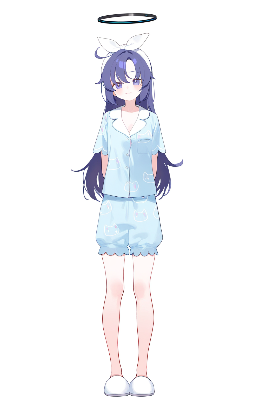 1girl,yuuka \(pajamas\) \(blue archive\),purple eyes,halo,pajamas,full body,purple hair,white hairband,slippers,simple background,white background,looking at viewer,standing,front view,
(lk149:0.9),(achiki:0.8),(tianliang duohe fangdongye:0.9),
year_2023,foreshortening,highres,high definition,absurdres,amazing quality,best quality,masterpiece,very aesthetic,masterpiece,
smile,,arms_behind_back,<lora:yuuka (pajamas) (blue archive)-000027:0.9>