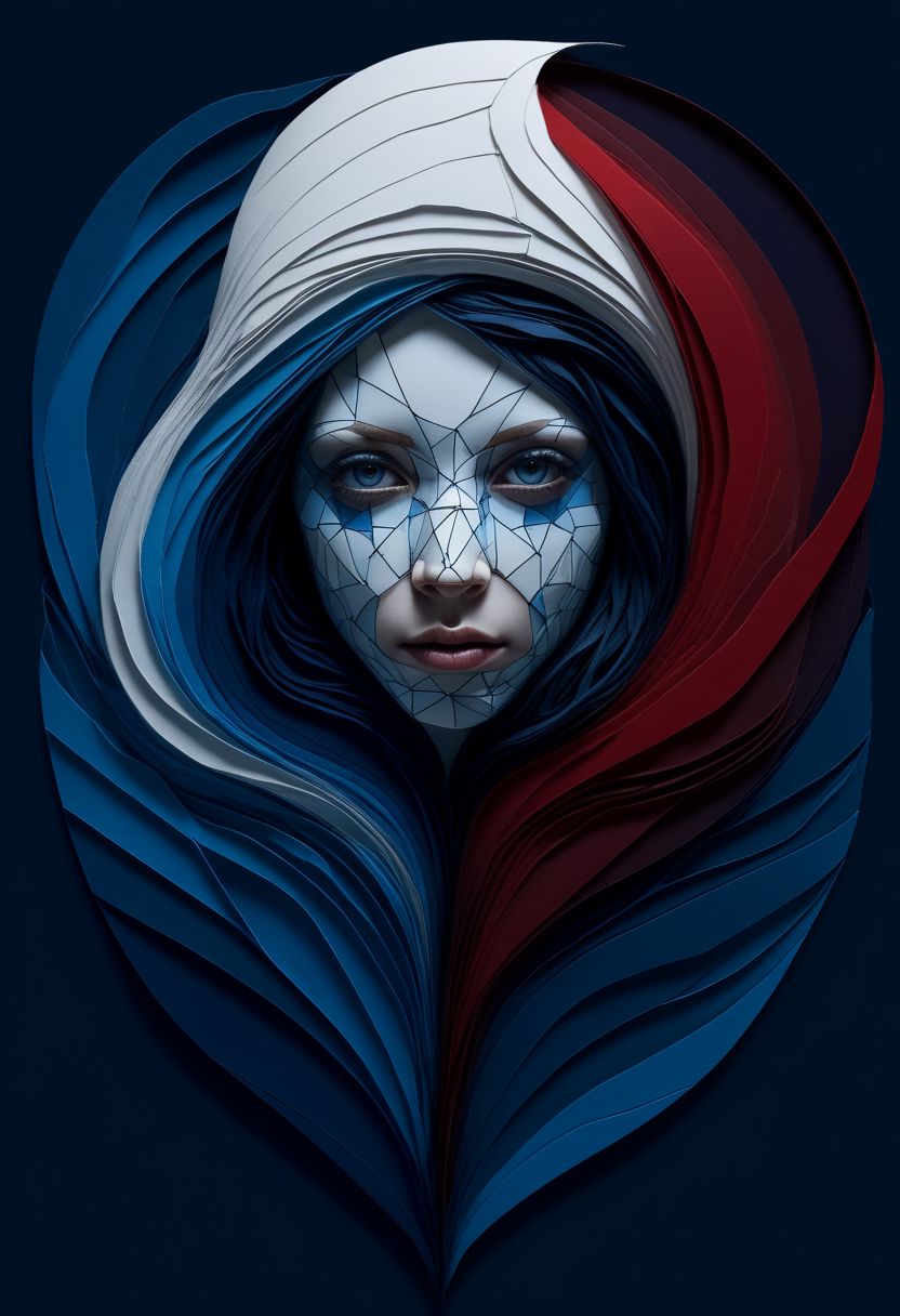 layered papercut, mysterious face, a native woman in artsy clothing, fading backlit background, (deep sea fading white to deep blue/red), alluring goddess, by Minjae Lee, Carne Griffiths, Emily Kell, Steve McCurry, Geoffroy Thoorens, Aaron Horkey, Jordan Grimmer, Greg Rutkowski, amazing depth, double exposure, surreal, geometric patterns, intricately detailed, bokeh,  perfect balanced, deep fine borders, artistic photorealism , smooth,  great masterwork by Suiras  <lora:add-detail-xl:2>  <lora:Double_Exposure:0.5>