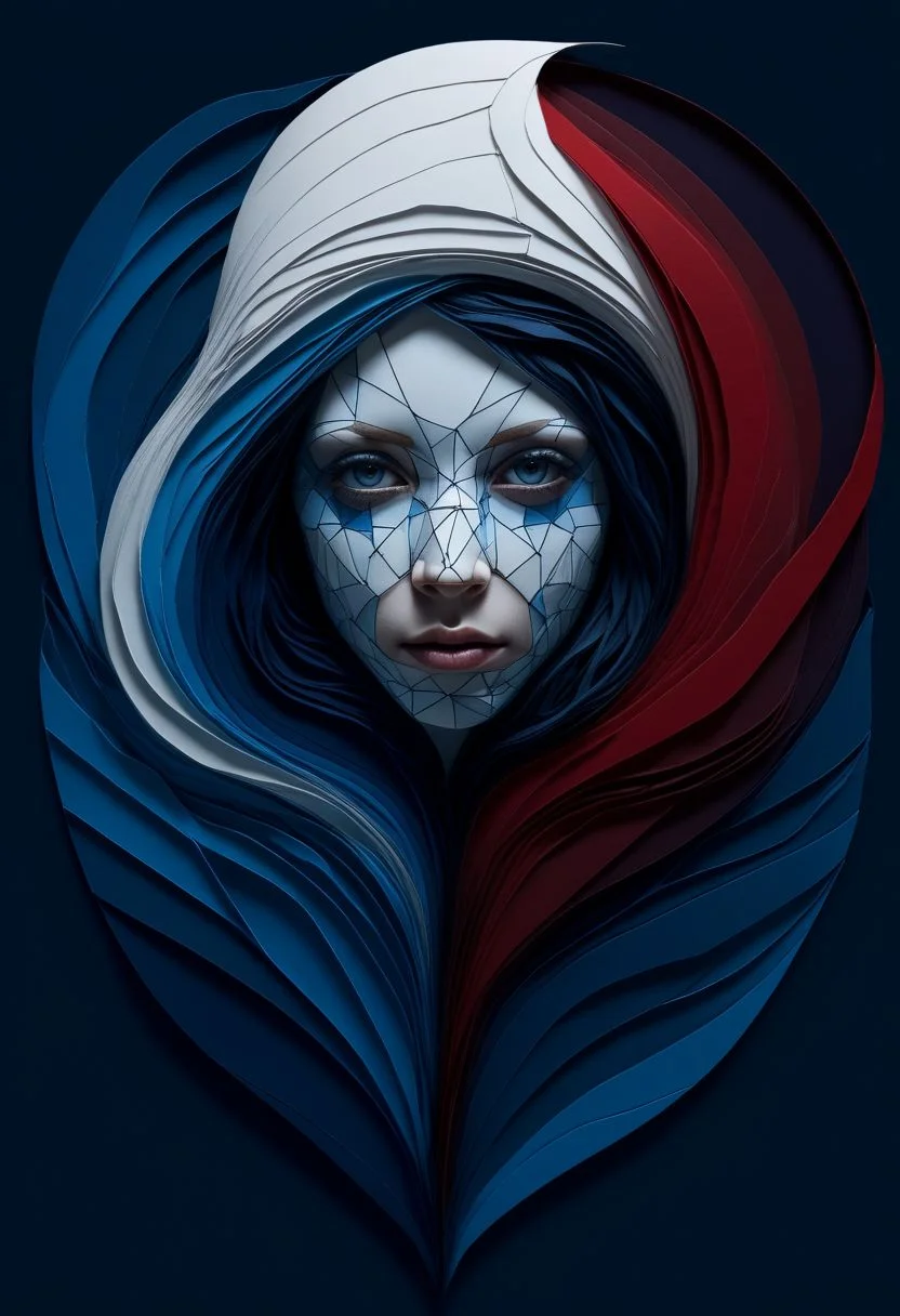 layered papercut, mysterious face, a native woman in artsy clothing, fading backlit background, (deep sea fading white to deep blue/red), alluring goddess, by Minjae Lee, Carne Griffiths, Emily Kell, Steve McCurry, Geoffroy Thoorens, Aaron Horkey, Jordan Grimmer, Greg Rutkowski, amazing depth, double exposure, surreal, geometric patterns, intricately detailed, bokeh, perfect balanced, deep fine borders, artistic photorealism , smooth, great masterwork by Suiras <lora:add-detail-xl:2> <lora:Double_Exposure:0.5>
