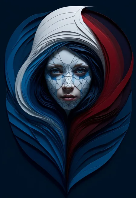 layered papercut, mysterious face, a native woman in artsy clothing, fading backlit background, (deep sea fading white to deep blue/red), alluring goddess, by Minjae Lee, Carne Griffiths, Emily Kell, Steve McCurry, Geoffroy Thoorens, Aaron Horkey, Jordan Grimmer, Greg Rutkowski, amazing depth, double exposure, surreal, geometric patterns, intricately detailed, bokeh, perfect balanced, deep fine borders, artistic photorealism , smooth, great masterwork by Suiras <lora:add-detail-xl:2> <lora:Double_Exposure:0.5>