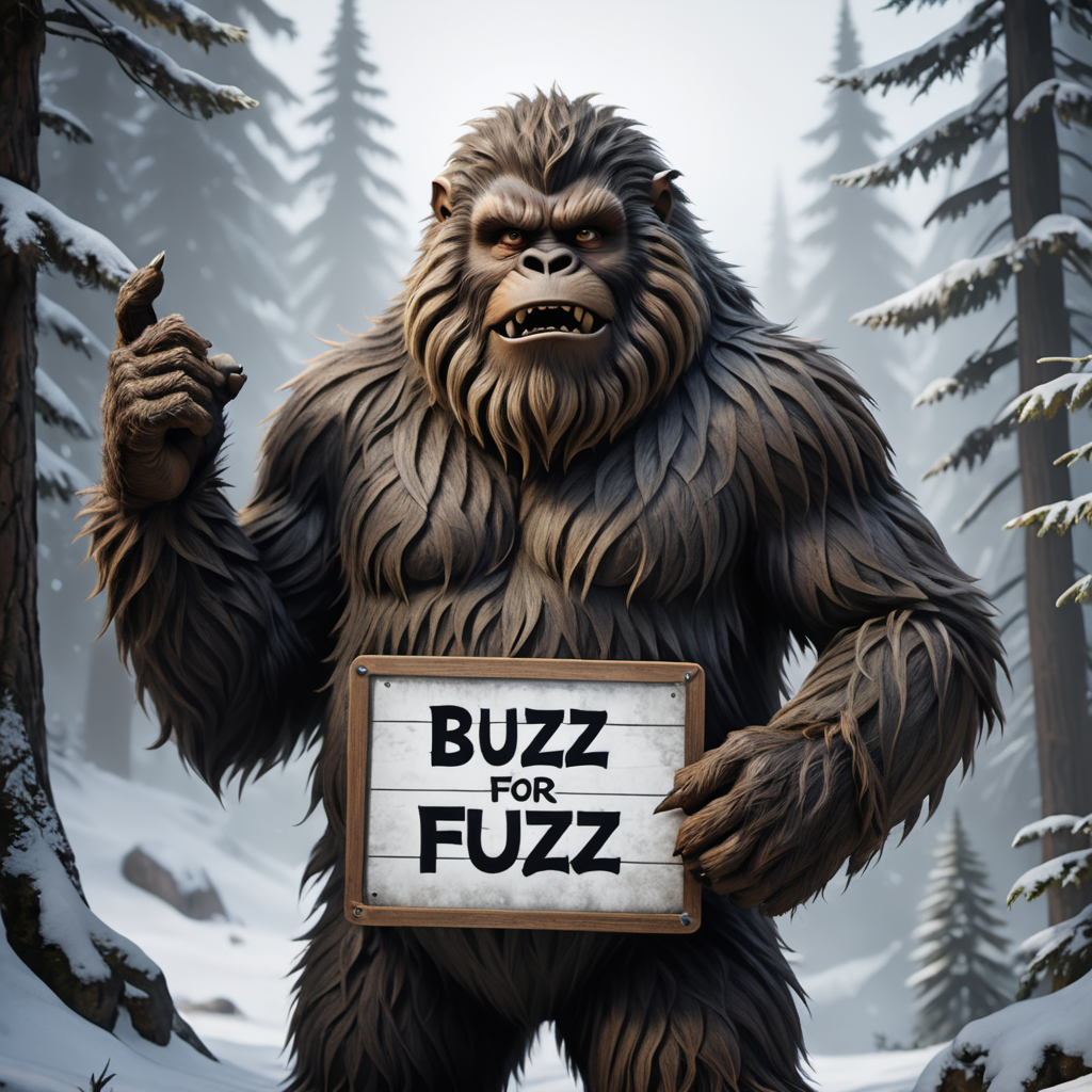 Hairy Monster man holding sign that says "Buzz For Fuzz"  <lora:texta:0.9>,  bigfoot, sasquatch, yeti, (anime, masterpiece, intricate:1.3), (best quality, hires textures, high detail:1.2), (4k),(incredibly detailed:1.4),UHD, 8K, ultra detailed