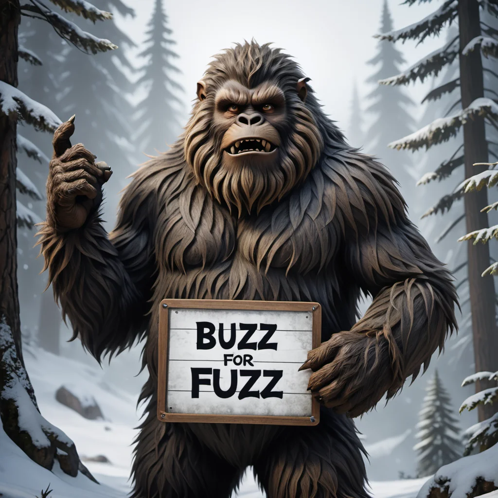 Hairy Monster man holding sign that says "Buzz For Fuzz" <lora:texta:0.9>, bigfoot, sasquatch, yeti, (anime, masterpiece, intricate:1.3), (best quality, hires textures, high detail:1.2), (4k),(incredibly detailed:1.4),UHD, 8K, ultra detailed