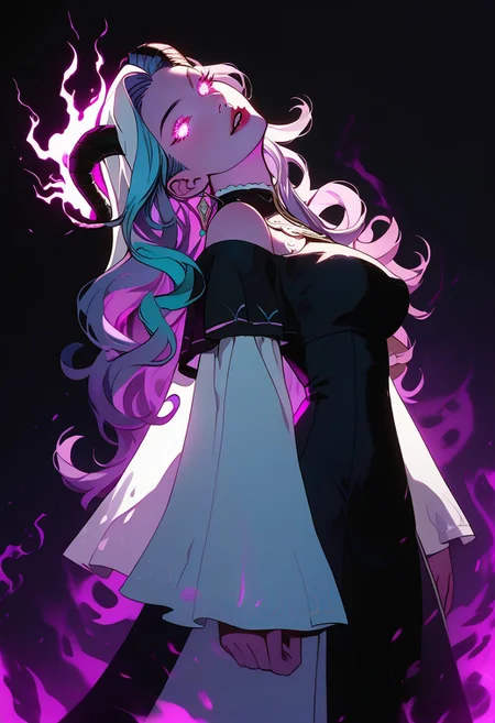 view from below, score_9, score_8_up, semi-realistic, fantasy style, 1girl, (very pretty woman), innocent sinister, dark pink purple cyan wild hair, (glowing neon white eyes), purple skin, bare shoulders, exquisite lace intricate gilded robe, epic horns, flat expression, parted lips, fangs, dragon priestess, demonette, medium breasts, looking at viewer, tilted head, beautiful, twisted, feminine, dynamic, (swirling corrupted magic energy), shaft head tilt, full body shot, pink purple cyan, energy, magic, intense, epic, masterpiece, beautiful, terrifying