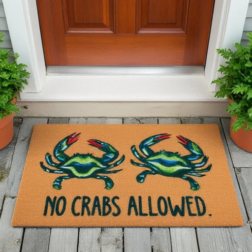 The image is a photograph of a small outdoor entrance area, featuring a doormat with a humorous design. The doormat is rectangular and made of a textured, brown, coir material. It has a vibrant, whimsical design with two stylized cartoonish crabs, each in shades of green, blue, and red, with exaggerated, expressive features. The crabs are depicted in a playful pose, with one crab facing left and the other facing right. Below the crabs, the text "NO CRABS ALLOWED" is written in a playful, cursive font, also in green, blue, and red.