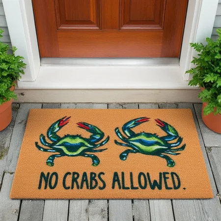 The image is a photograph of a small outdoor entrance area, featuring a doormat with a humorous design. The doormat is rectangular and made of a textured, brown, coir material. It has a vibrant, whimsical design with two stylized cartoonish crabs, each in shades of green, blue, and red, with exaggerated, expressive features. The crabs are depicted in a playful pose, with one crab facing left and the other facing right. Below the crabs, the text "NO CRABS ALLOWED" is written in a playful, cursive font, also in green, blue, and red.