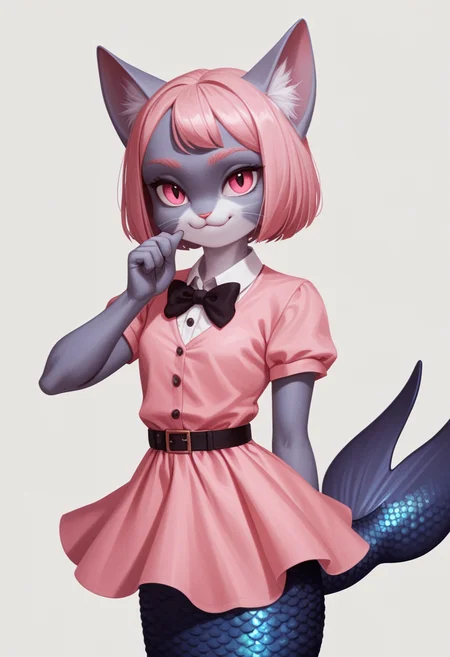 score_9, score_8_up, score_7_up, score_6_up, score_5_up, score_4_up, source_furry, sharp focus, high contrast, artistic
(pencil drawing)
BREAK
1girl, solo, looking at viewer, confident smile, short sleeves, small dress, closed mouth, standing, tail, hand up, bowtie, pink dress, furry, cat girl, furry female
BREAK
<lora:BenthicMerfolk:1>, benthic merfolk, glow