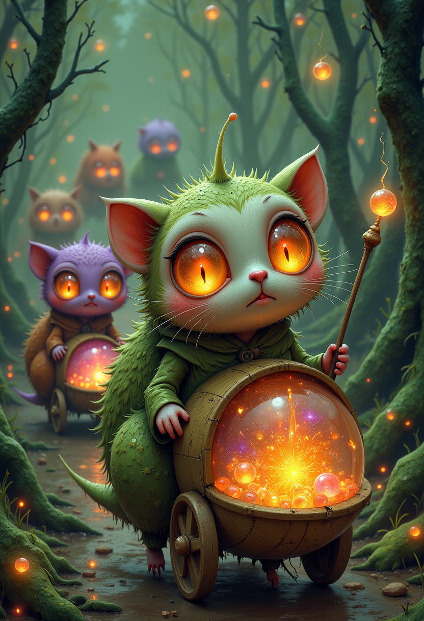 WackyWiskerballsDaal  A caravan of walking teacup-snail hybrids pulling tiny moss-covered wagons filled with glowing dream fragments; a curious hedgehog wizard with galaxy eyes leads them with a wand carved from moon-bone; rich forest greens, soft oranges and purples, like a magical nature documentary directed by Guillermo del Toro.
