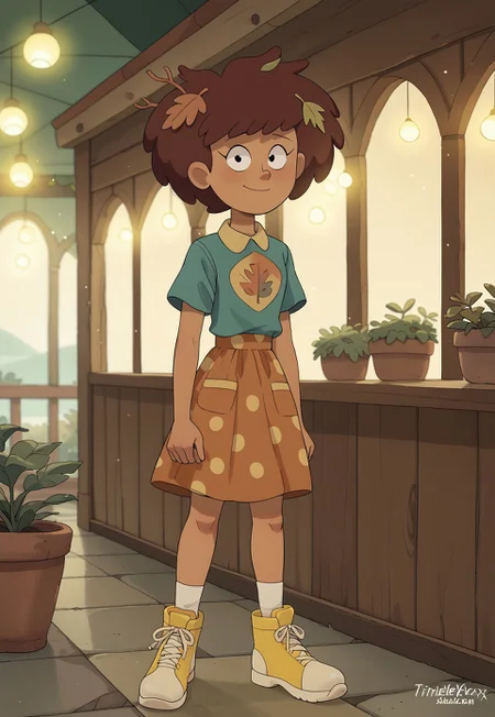 score_9, score_8, score_7, score_6,
triplevexx, solo, anneboonchuy, brown hair, dark-skinned female, leaf hair ornament, short hair
Outfit: A retro polka dot dress with a cinched waist and a pair of classic Mary Jane shoes.
Scenery: A quaint café with outdoor seating, surrounded by potted plants and fairy lights strung overhead.
Lighting: Soft, warm light from the café’s lanterns, creating an inviting and cozy ambiance.