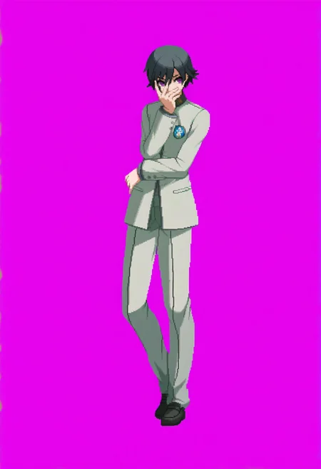 masterpiece, best quality, solo, 1boy, looking at viewer, <lora:Dengeki_Bunko-illus_Fp:1>, full body, pixel art, simple background, <lora:Naoya-illus_Fp:1>, naoyap1, black hair, purple eyes, school uniform, emblem, grey pants, hand on own face,