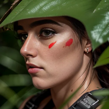 Closeup film still, of (young female Rambo), wearing tactical harness, (hiding in the jungle), (lush vegetation), (raining:0.8), dense jungle, toned body, beautiful face, seductive eyes, ((red war paint)), (highly detailed, hyperdetailed, intricate), edge lighting, prominent projected shadows, deep soft depth of field, photographed on a Leica 10772 M-P, 35mm film lens, F/8 aperture, sharp focus, (RAW), cinematic film still from First Blood