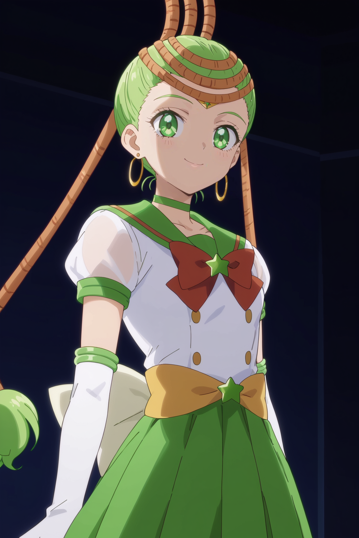 score_9, score_8_up, score_7_up, prefect lighting, source_anime, very aesthetic, BREAK, anime coloring, anime screencap,
<lora:junjun_sailor_moon_v1-pdv6:0.9>, 1girl, junjun \(sailor moon\), bishoujo senshi sailor moon crystal, green eyes, dark skin, green hair, 
sailor senshi uniform, sailor collar, earrings, white gloves, bow, choker, back bow, elbow gloves, green skirt, pleated skirt, star brooch, circlet, 
BREAK, looking at viewer, smile,
BREAK,
