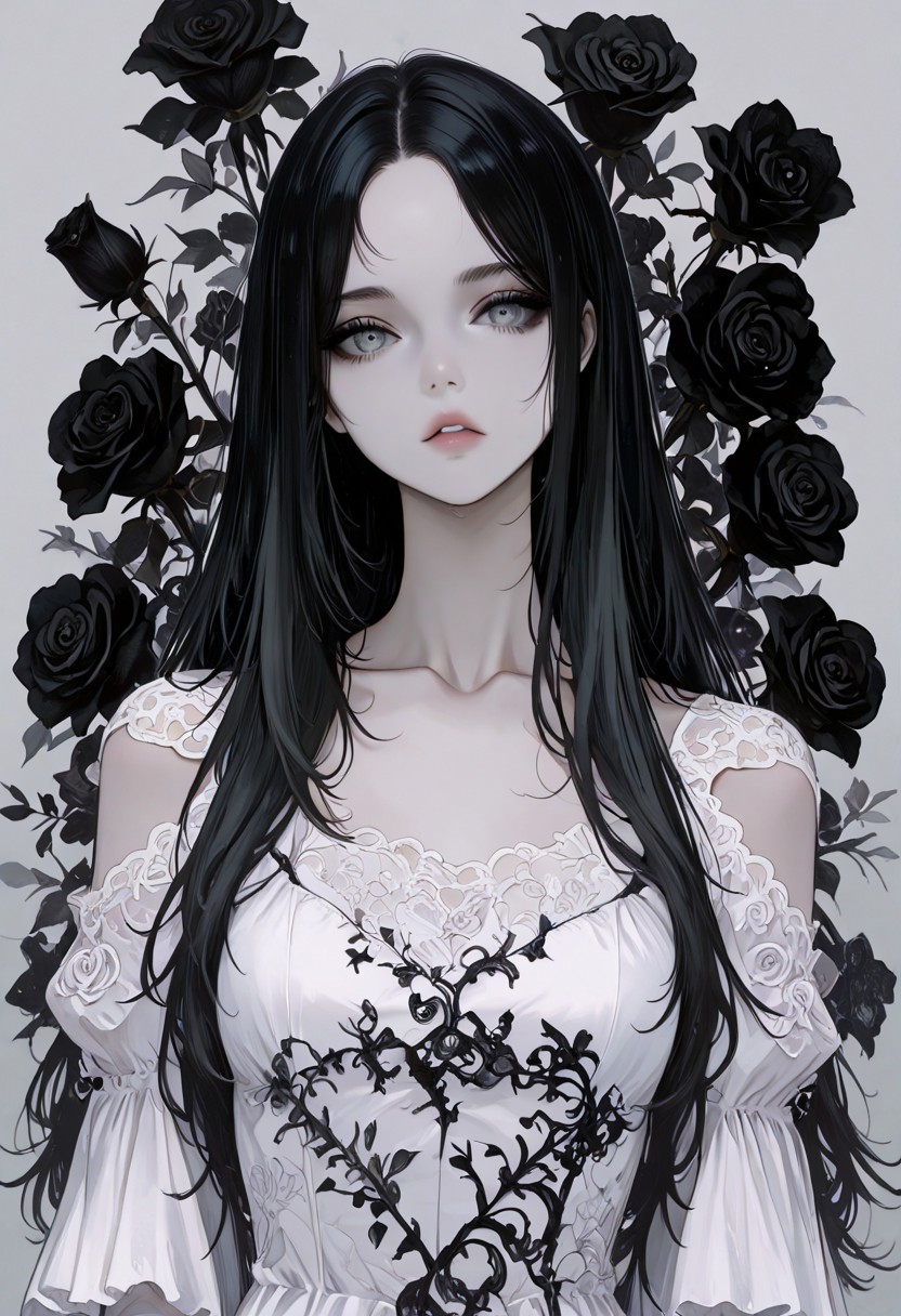masterpiece, best quality, good quality, very awa, newest, highres, absurdres, 1girl, solo, long hair, looking at viewer, black hair, dress, collarbone, upper body, flower, parted lips, grey background, white dress, parted bangs, grey eyes, expressionless, rose, black flower, black roses, Shoulder cutout, detached sleeves, limited palette,