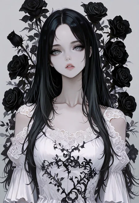 masterpiece, best quality, good quality, very awa, newest, highres, absurdres, 1girl, solo, long hair, looking at viewer, black hair, dress, collarbone, upper body, flower, parted lips, grey background, white dress, parted bangs, grey eyes, expressionless, rose, black flower, black roses, Shoulder cutout, detached sleeves, limited palette,