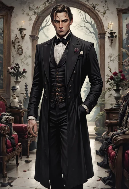 masterpiece, best quality, newest, absurdres, highres, FCMXV1.0, VGE-V1.0, goth fashion, victorian ,1boy, VGE-V1.0, goth fashion, victorian formal,