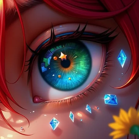 collarbone, multiple boys, a close up of a blue eye with a green iris, teeth, zipper, symbol in eye, androgynous, red hair, tearing up, a woman with a diamond in her hand, a close up of a person's eye with water droplets, yellow flower, dark-skinned female, blunt bangs, signature, a girl with a star in her eye
