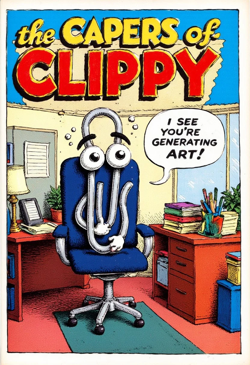 vintage comic book cover for Marvel Comics "the CAPERS of CLIPPY", featuring clippy with big eyes on a office chair in an office. Speech bubble says "I see you're generating art!"
