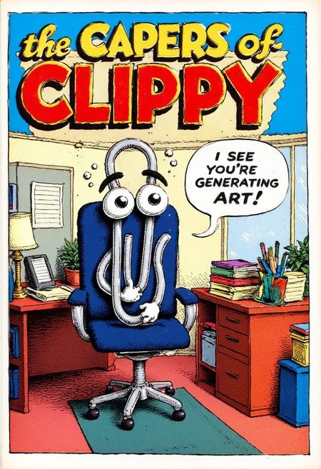 vintage comic book cover for Marvel Comics "the CAPERS of CLIPPY", featuring clippy with big eyes on a office chair in an office. Speech bubble says "I see you're generating art!"