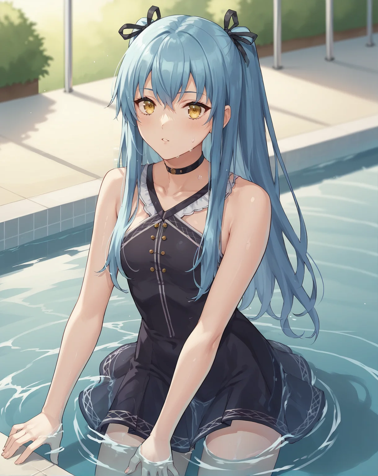 score_9, score_8_up, score_7_up, score_6_up, score_5_up, score_4_up, BREAK, solo, pool, in water, wading,
<lora:tio2-000017:0.9>, tioplato, long hair, blue hair, yellow eyes, tioswim2, black dress, black ribbon, black choker,