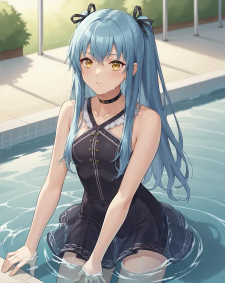score_9, score_8_up, score_7_up, score_6_up, score_5_up, score_4_up, BREAK, solo, pool, in water, wading,
<lora:tio2-000017:0.9>, tioplato, long hair, blue hair, yellow eyes, tioswim2, black dress, black ribbon, black choker,