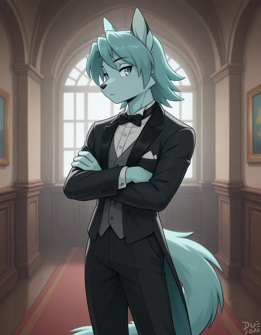masterpiece,best quality, amazing quality, (du57aet, anthro, tail), ((male focus, 1boy, solo)), male, blue eyes, tuxedo, arms crossed, indoors<lora:Illustrious\dust-illustrious.safetensors:1.0:1.0>