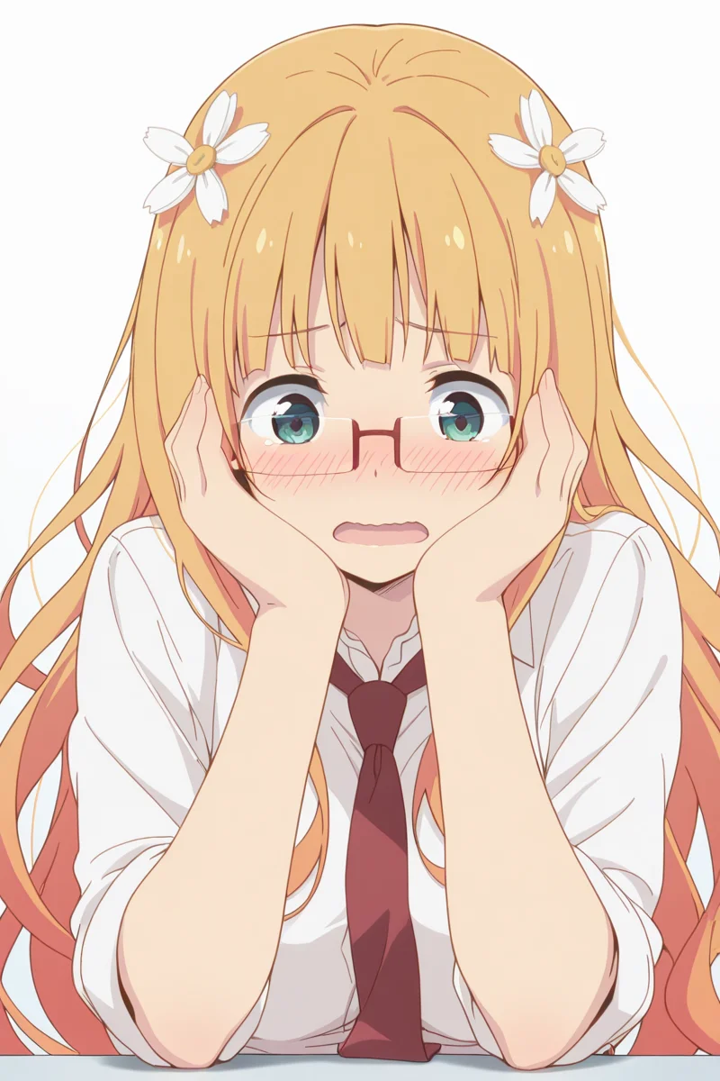 masterpiece, best quality, amazing quality,
<lora:Mitsuki_IL:1> mitsuki, 1girl, solo, glasses, blush, necktie, flower, hair ornament, long hair, hair flower, open mouth, hands on own face, shirt,