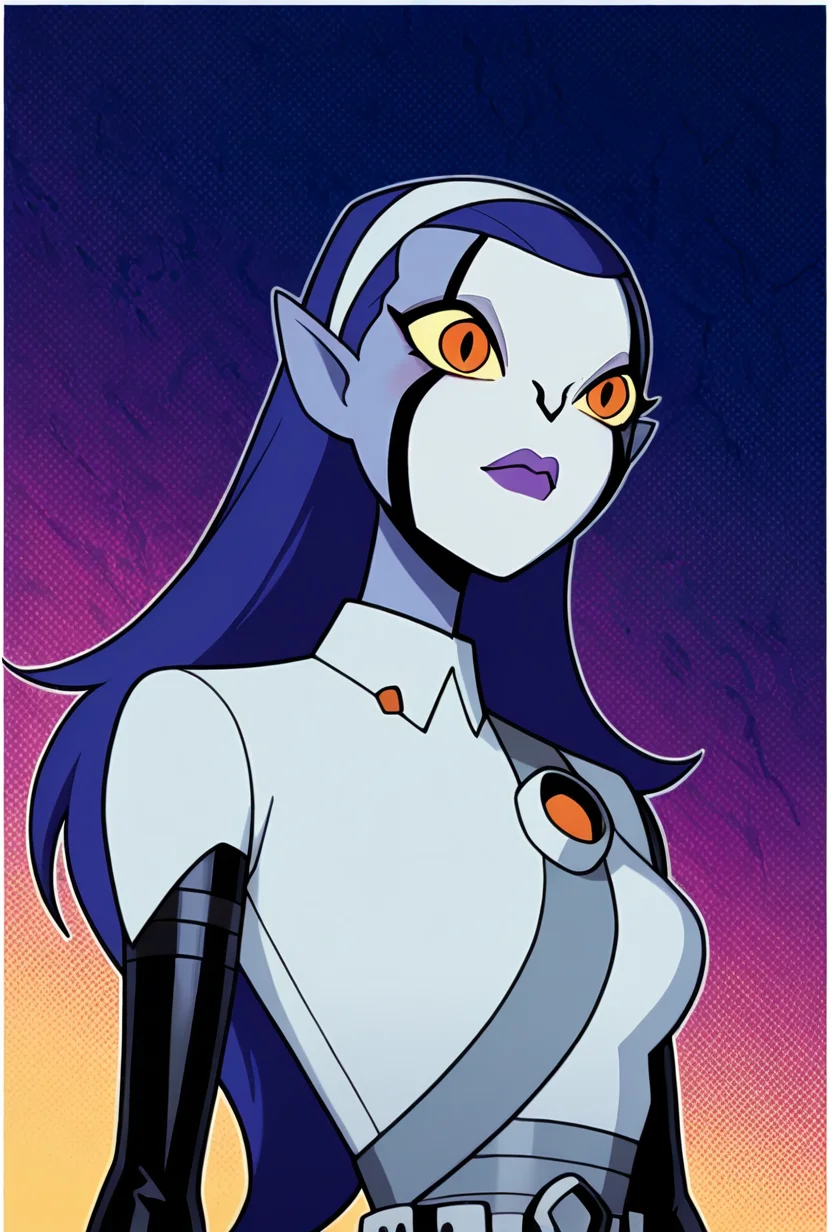 <lora:rookshar-10:1> rookshar, blue hair, colored skin, yellow sclera, long hair, 1girl, purple lips, white hairband, pointy ears, white suit, black sleeves, masterpiece, best quality, amazing quality, very aesthetic, absurdres, newest,, upper body, halftone effect, white borders, abstract background:1.2,