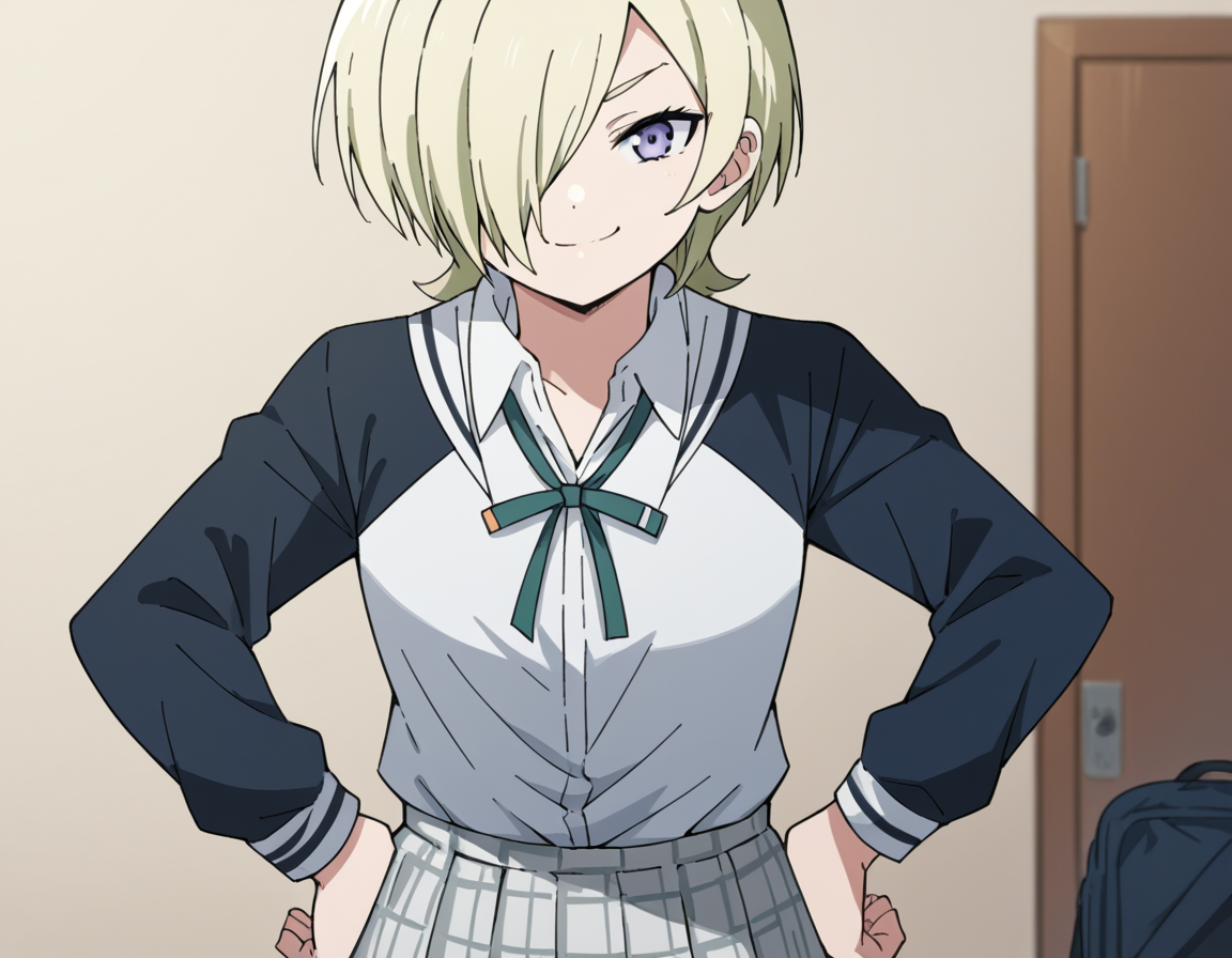 score_9, score_8_up, score_7_up, source_anime, <lora:mia-taylor-s2-ponyxl-lora-nochekaiser:1>, mia taylor, short hair, blonde hair, purple eyes, hair over one eye,, skirt, shirt, ribbon, school uniform, collared shirt, plaid, black shirt, neck ribbon, plaid skirt, white skirt, jacket, checkered skirt, nijigasaki academy school uniform,, indoors, smug, smile, looking at viewer, solo, hands on hips,, cowboy shot, dutch angle