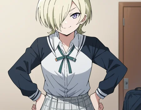 score_9, score_8_up, score_7_up, source_anime, <lora:mia-taylor-s2-ponyxl-lora-nochekaiser:1>, mia taylor, short hair, blonde hair, purple eyes, hair over one eye,, skirt, shirt, ribbon, school uniform, collared shirt, plaid, black shirt, neck ribbon, plaid skirt, white skirt, jacket, checkered skirt, nijigasaki academy school uniform,, indoors, smug, smile, looking at viewer, solo, hands on hips,, cowboy shot, dutch angle